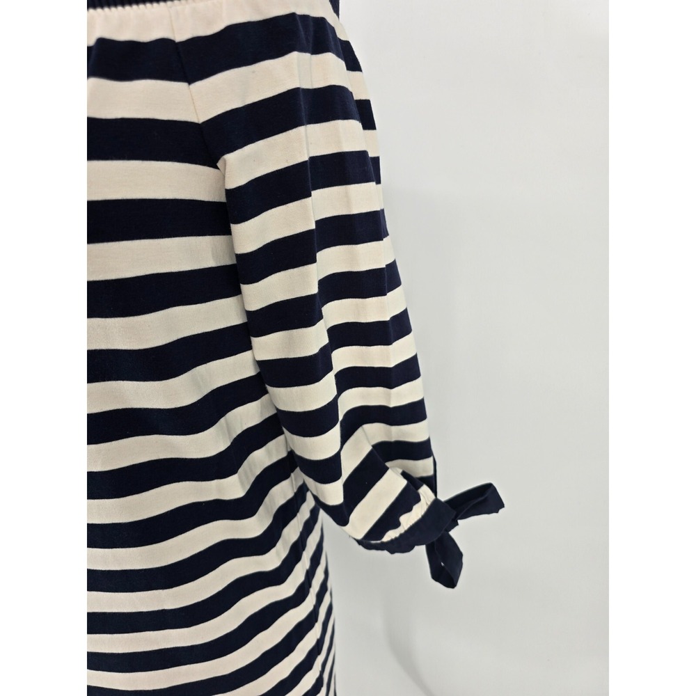 J Crew XS Stripe Knit Mini Dress Off Shoulder 3/4 Sleeve Bow Cuff 100% Cotton - Picture 4 of 11
